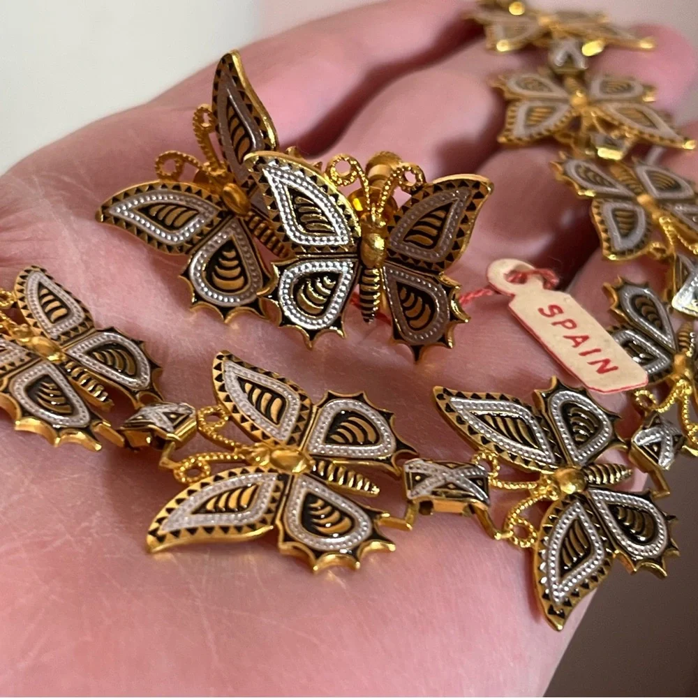 Art deco Gold Plated Spanish Damascene Butterfly vintage Necklace Earring set